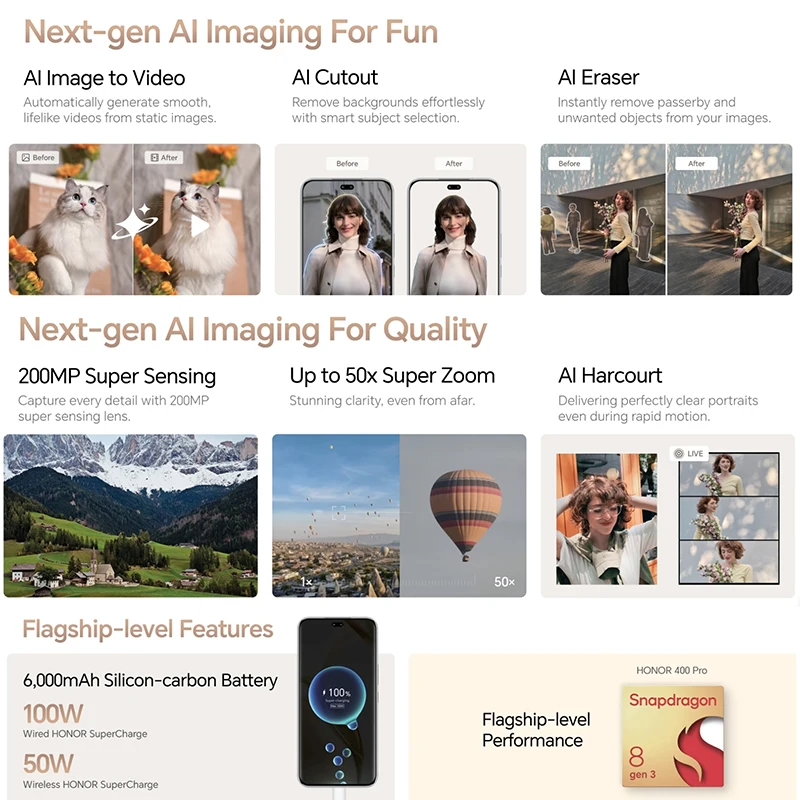 هاتف ذكي HONOR 400 Pro الإصدار العالمي الجديد 5G كاميرا 200 ميجابكسل Snapdragon 8 Gen 3 ''Amole 100W spun 50W بدون خيط