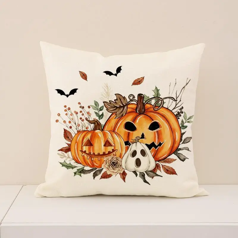 2 Stück Halloween Orange Kissenbezüge mit Geister- und Kürbisdruck aus Polyester, bequeme Dekoration für Sofakissen. – Detail 6