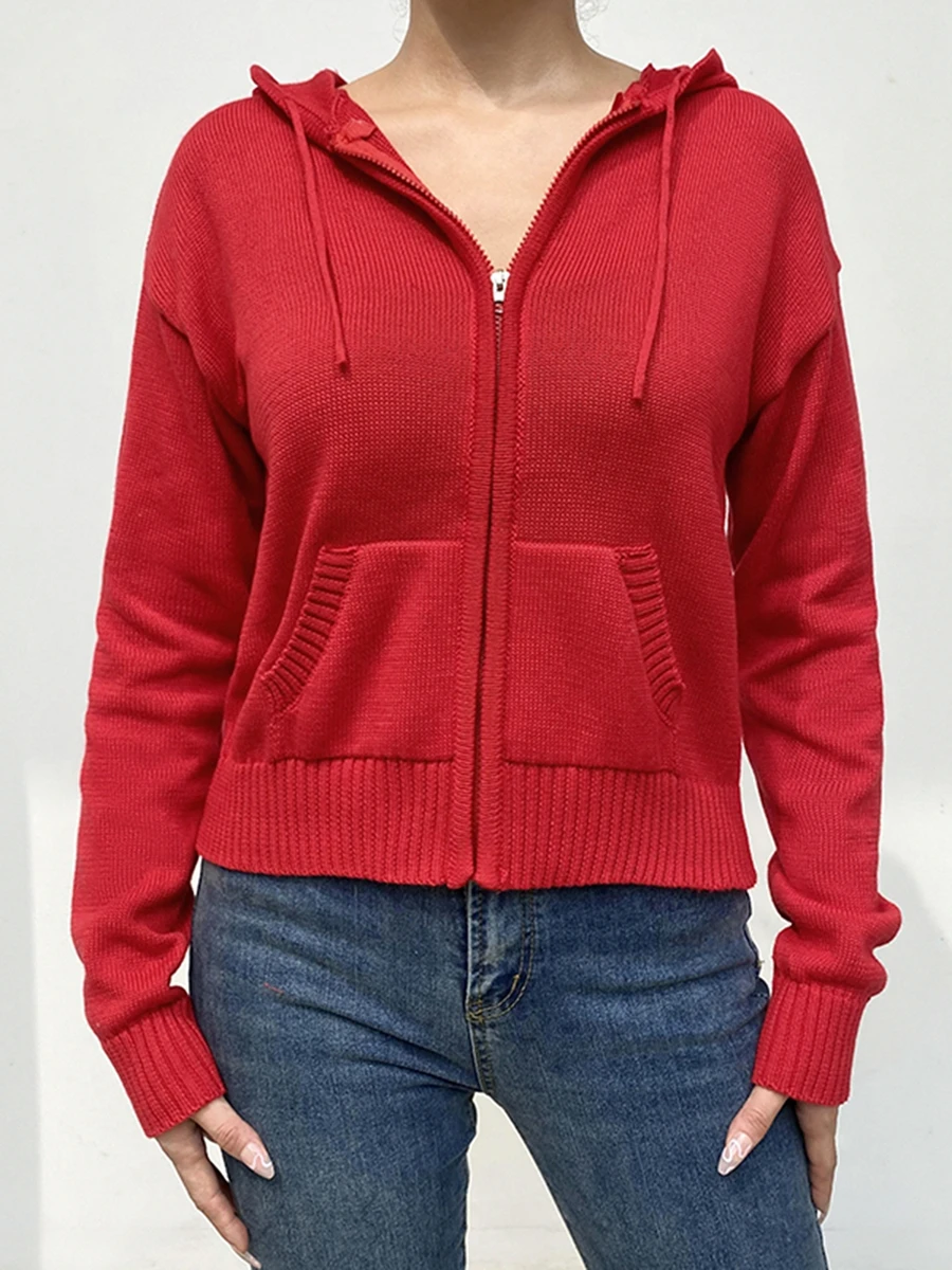 Sudaderas con capucha de punto con cremallera completa para mujer, sudaderas con cordón de manga larga de Color sólido informal, estilo callejero de Club, gran oferta, S, M, L, nueva moda