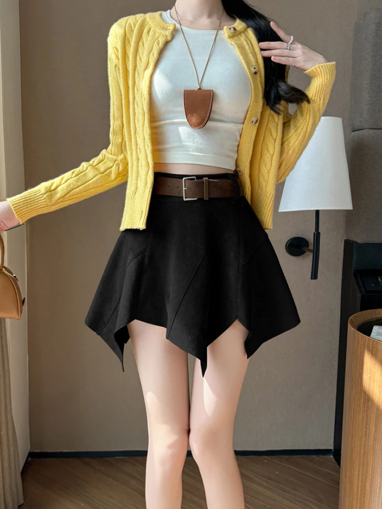 Koreaanse stijl herfst winter vintage onregelmatige minirok voor dames hoge taille casual school suède korte rokken met riem