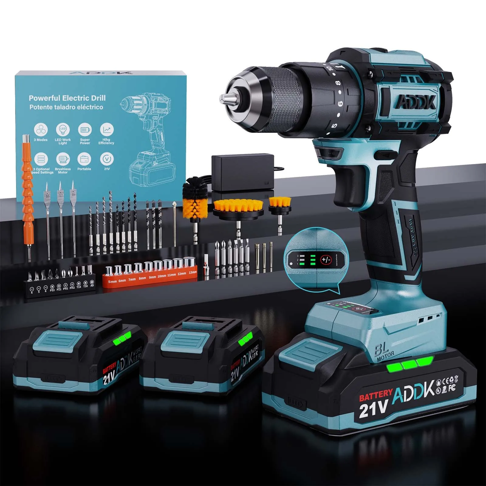 21 V Cordless Drill with 2pc 1500 mAh Battery,Electric Drill,65 N.m Li-Ion Batteries Power Tool