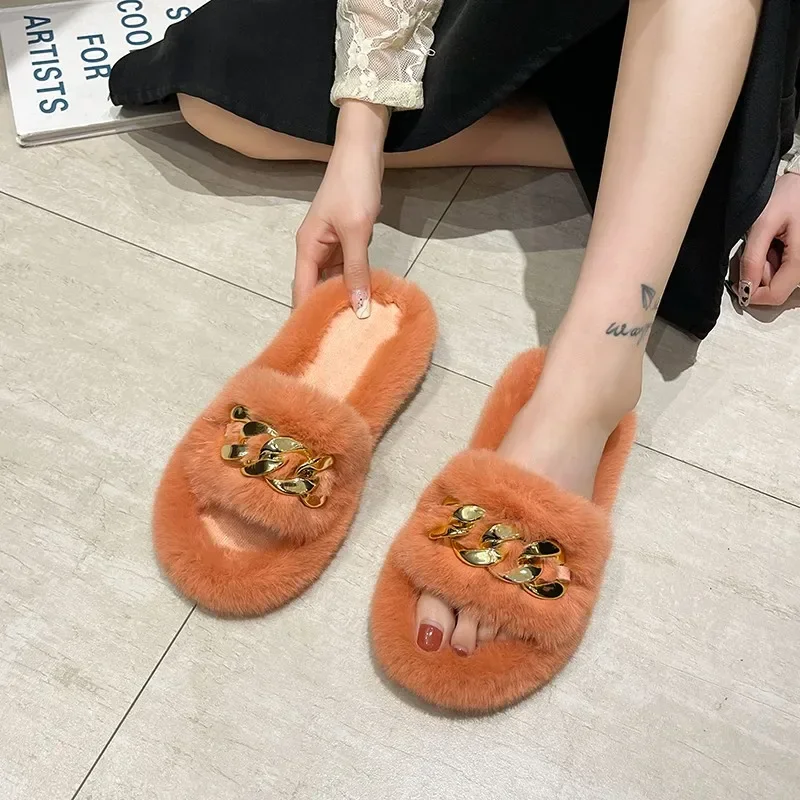 Fashion Designer Women Home Slippers Solid Color Open Toe Indoor 2024 Winter New Flat Non-slip Leisure Interior Female Shoes