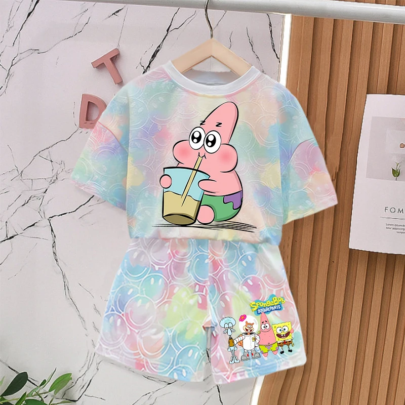 SpongeBob SquarePants Tie-dye Smlie Tees Children's Cute Short Sleeves Baby T Shirt Shorts 2pcs Boy Girl Summer Clothing Sets view 5