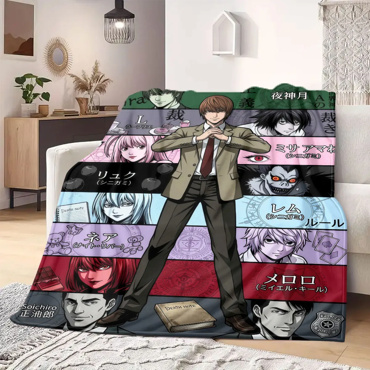 Death Note Smart Print Flannel Blanket, Cartoon Decorative Pattern, Soft and Warm for Bed and Couch, Travel Blanket_LIAN