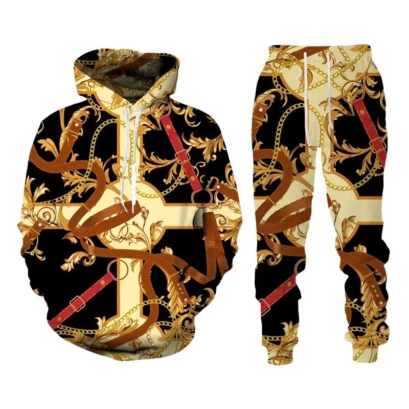 2023 New Fashion Luxury Golden Pattern Sweatshirt 3D Print Hooded Sweatshirt Pleasure Sportswear Trousers Suit Men\'s clothing