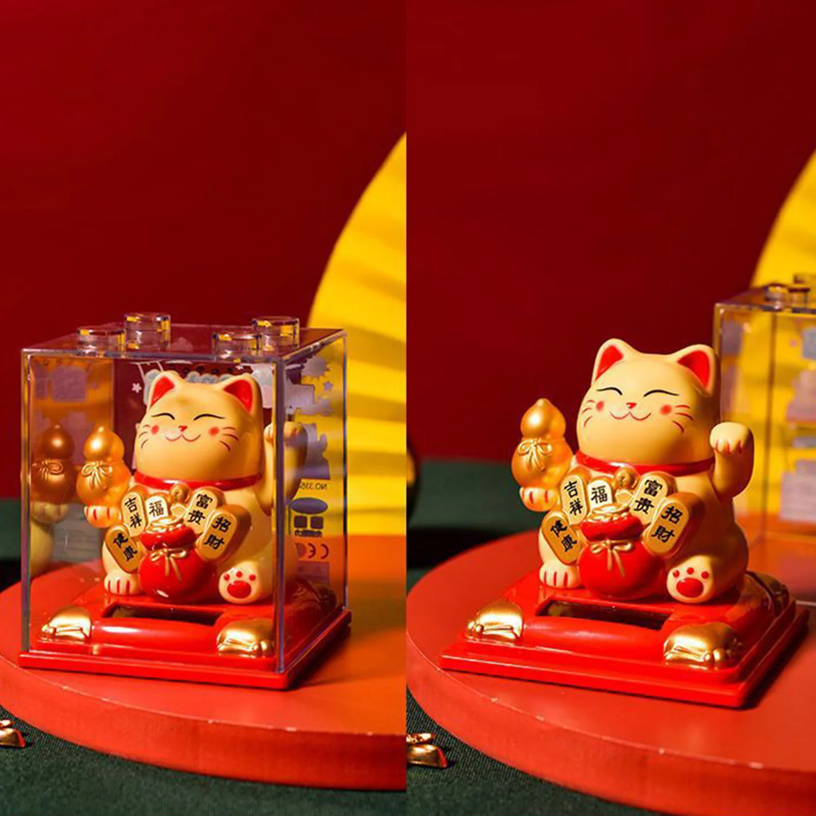 Solar Powered Waving Arm Lucky Cat Ornament Creative Craft Tabletop Statue Gift Home Office Car Decoration Ornament Accessiores