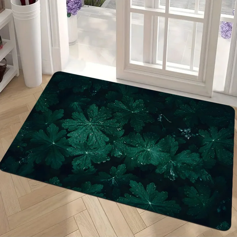 

1pc deep forest green leaf print doormat, polyester fabric, machine washable, suitable for balcony, bedroom, living room