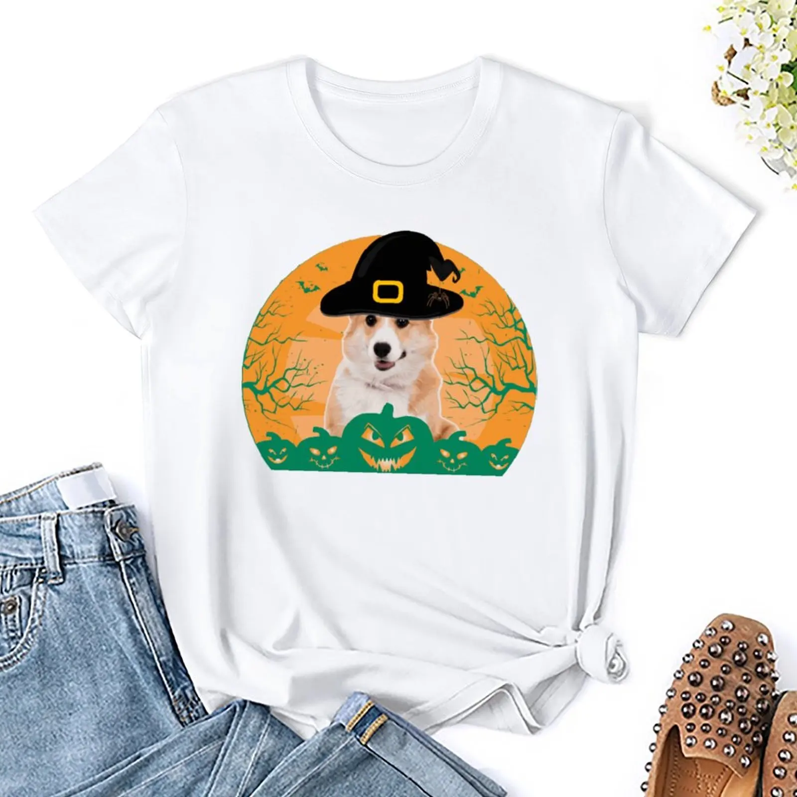 Perros Corgi Witch Dogs Halloween Art Collectibles T-shirt Harajuku Motion Tees Novelty Travel Funny Novelty