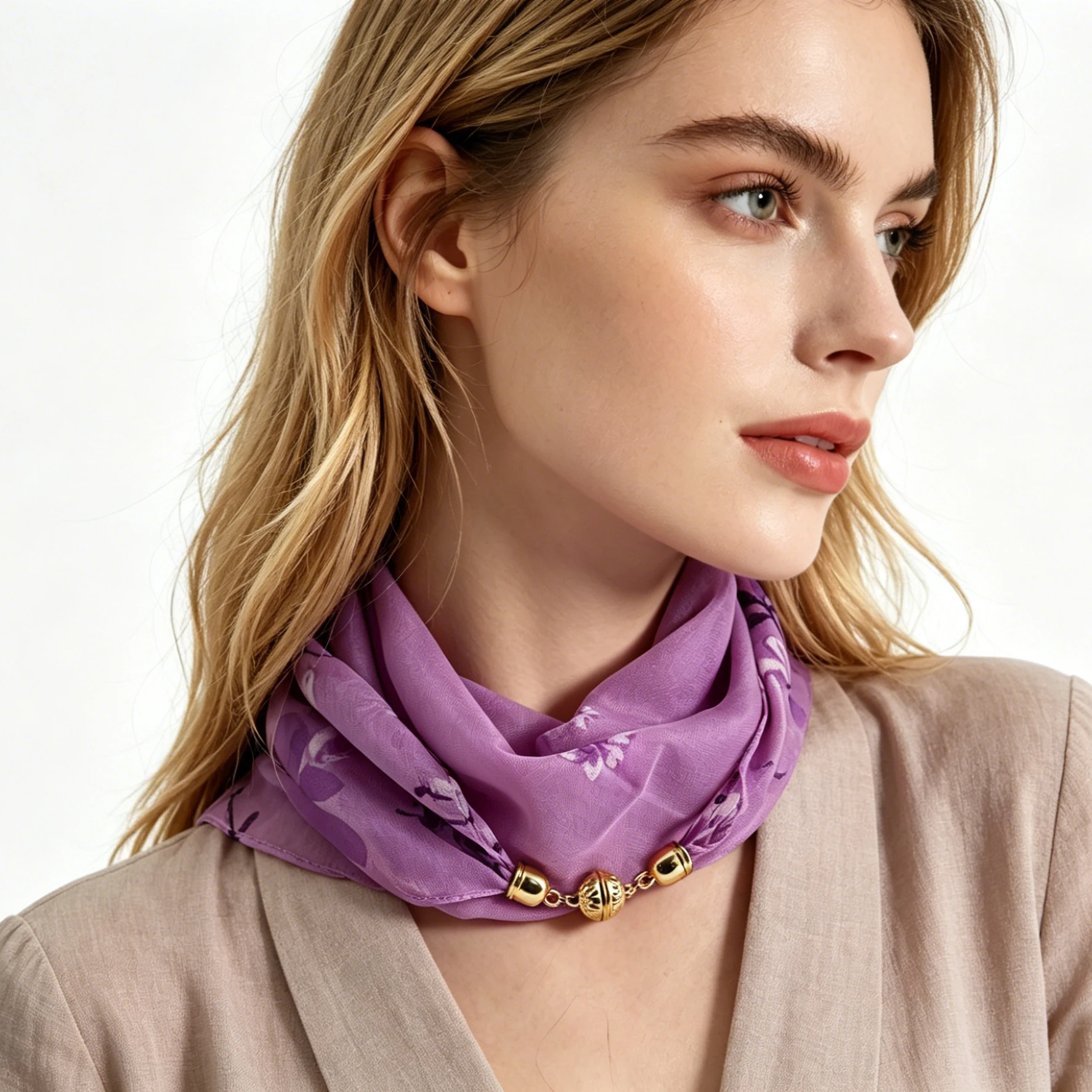 Magnetic Buckle Thin Chiffon Decorative Neck Scarf, Magnolia Print Neck Wrap, Lazy Scarf Quick Easy Fastening Neckerchief