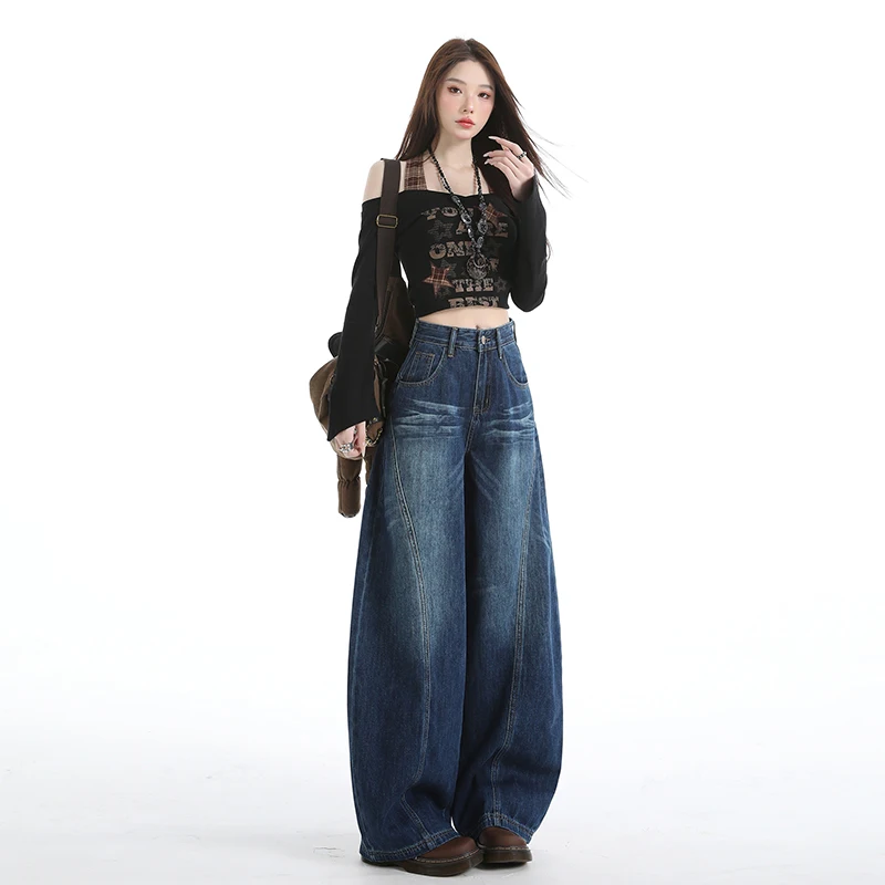 

American retro high street wide-leg jeans for women, high-waisted, stylish straight loose-fitting floor-length curved pants