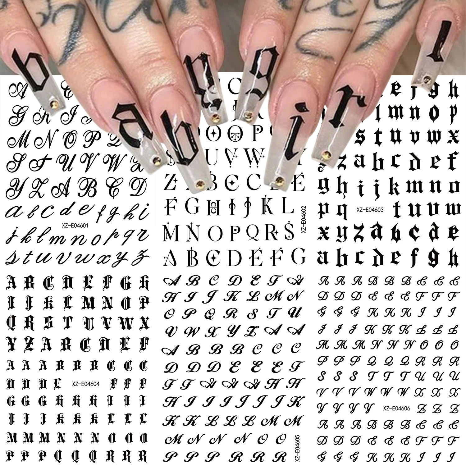 6 Stück/Set Schwarze Gothic 26 Englische Buchstaben Nagelaufkleber 3D Retro Alte Alphabet-Nagelsticker Selbstklebende Englische Buchstaben Nageldekoration – Detail 2