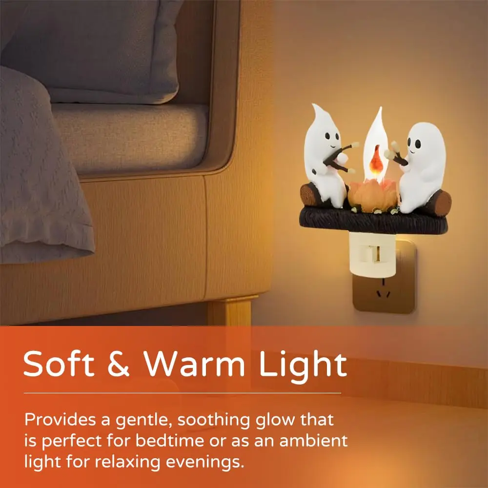 2024 Ghost Campfire Flickering Nightlight Night Light Plug Wall Spooky Fire Marshmallow Night Light Halloween Gifts