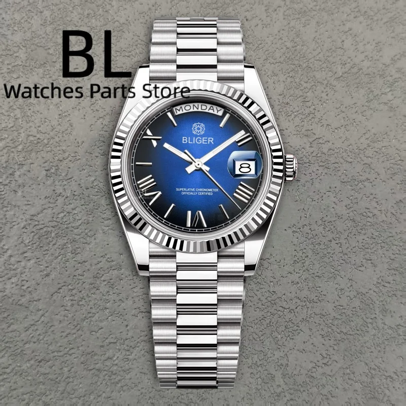 นาฬิกาข้อมือผู้ชาย BLIGER รุ่น BD36D40 สลักโลโก้ได้ นาฬิกาอัตโนมัติสุดหรู ระบบ Miyota8285 แสดงวันและสัปดาห์ หน้าปัดสีน้ำเงินน้ำแข็ง กระจกแซฟไฟร์ กันน้ำ 10 บาร์