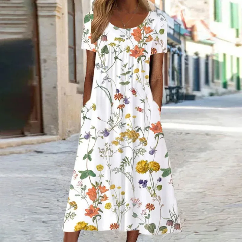 

Loose Short Sleeved Printed Bohemian Long Dress For Women 2024 Summer Round Neck Floral Print Large Swing Dress Vestido Casual