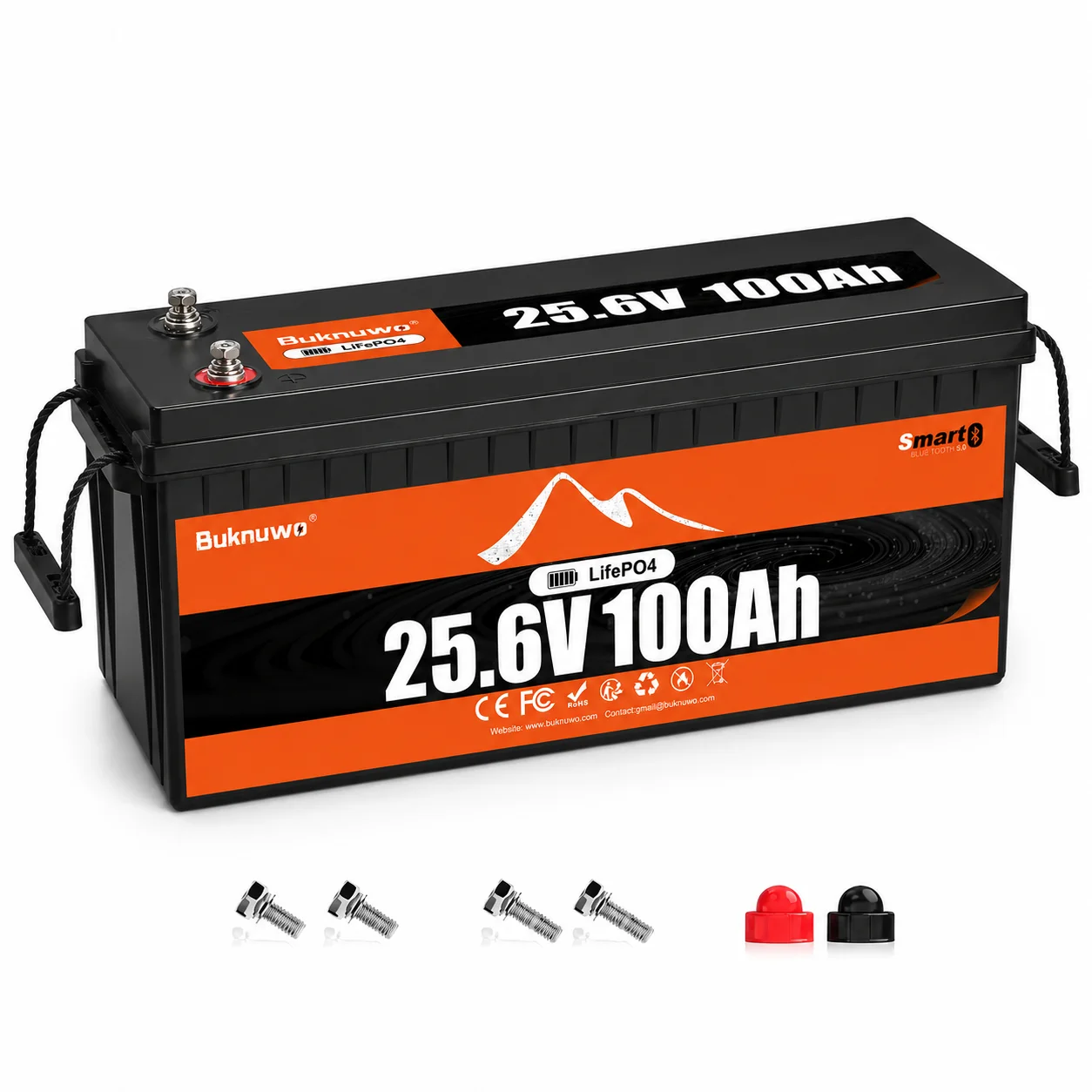 Buknuwo 24V/25.6 100Ah M8 Smart LiFePO4 Lithium Battery With Bluetooth, 2560Wh Power Energy Built-in 100A BMS Low Temperature Protection Capable Of Over 4000 Deep Cycles Support Parallel Battery For Trolling Motor, Marine, RV, Solar And Off-Grid