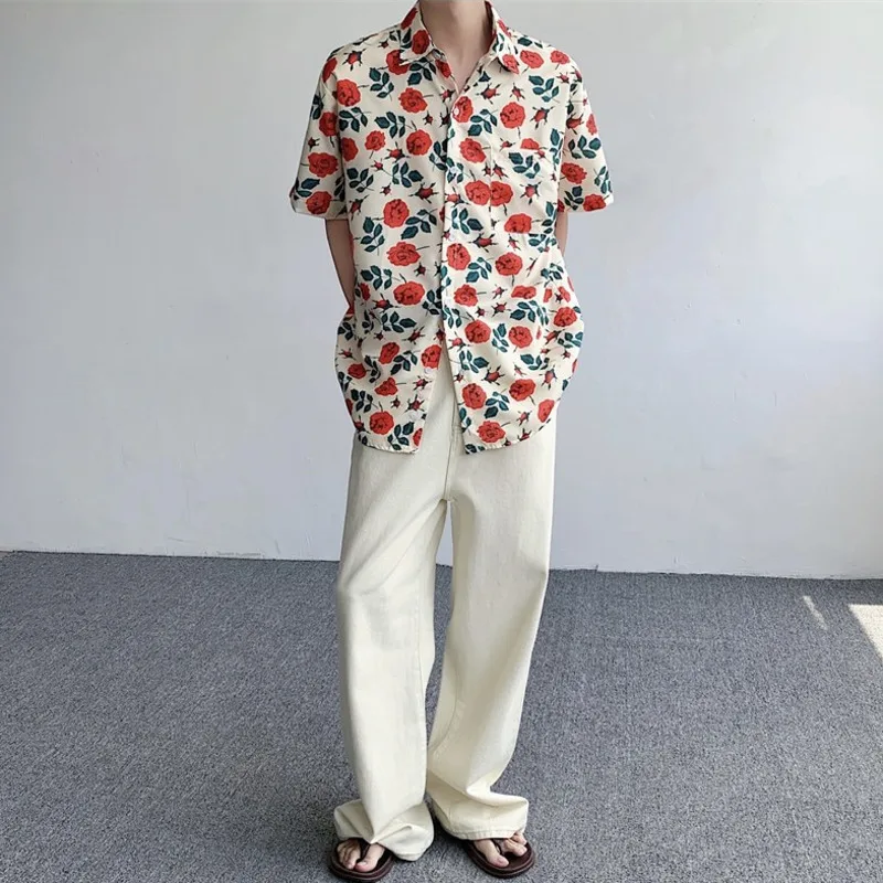 Summer Beach Shirt Male Floral Rose Printed Short-sleeved Casual Blouse Korean Trend Lovers Matching Button Up Shirt Tops