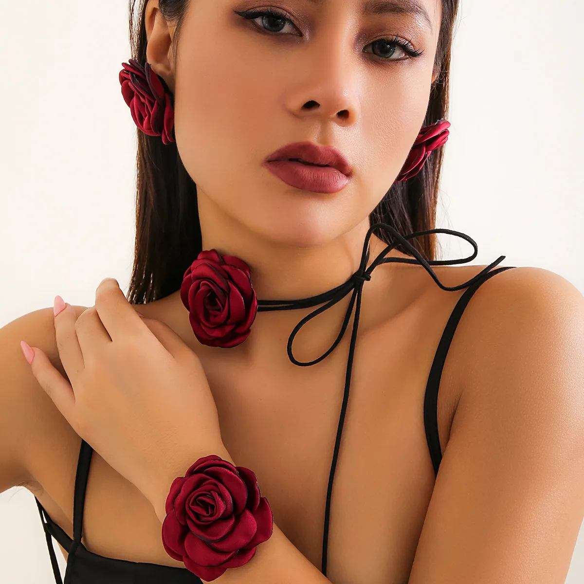 Vintage rose flower choker collar women's, flannel satin flower fashion strap necklace