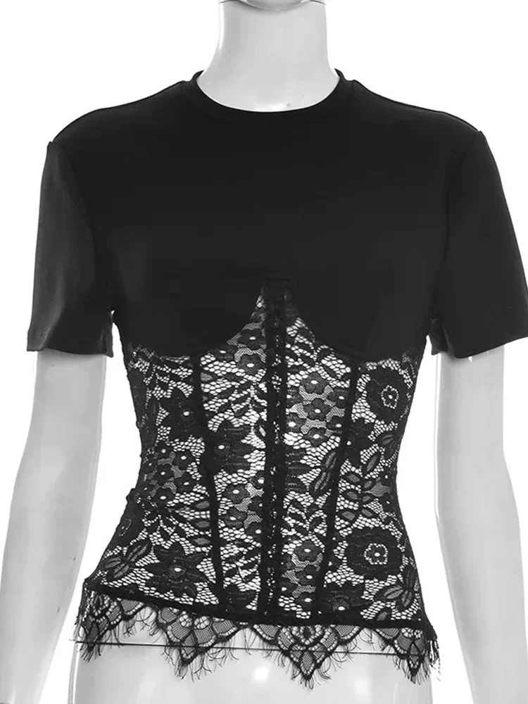Sexy Lace Patchwork Tops Chic Women's Short Sleeve Black Tight Crop Top T-shirt Summer Female Clothing Tees Brown Black White