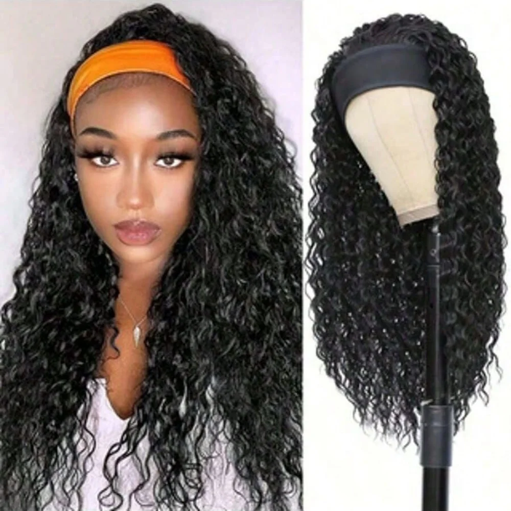 

Water Wave Human Hair Headband Wig Beginner Friendly Machine Made 180% Density Water Wave Wigs for Women Brazilian Natural Color