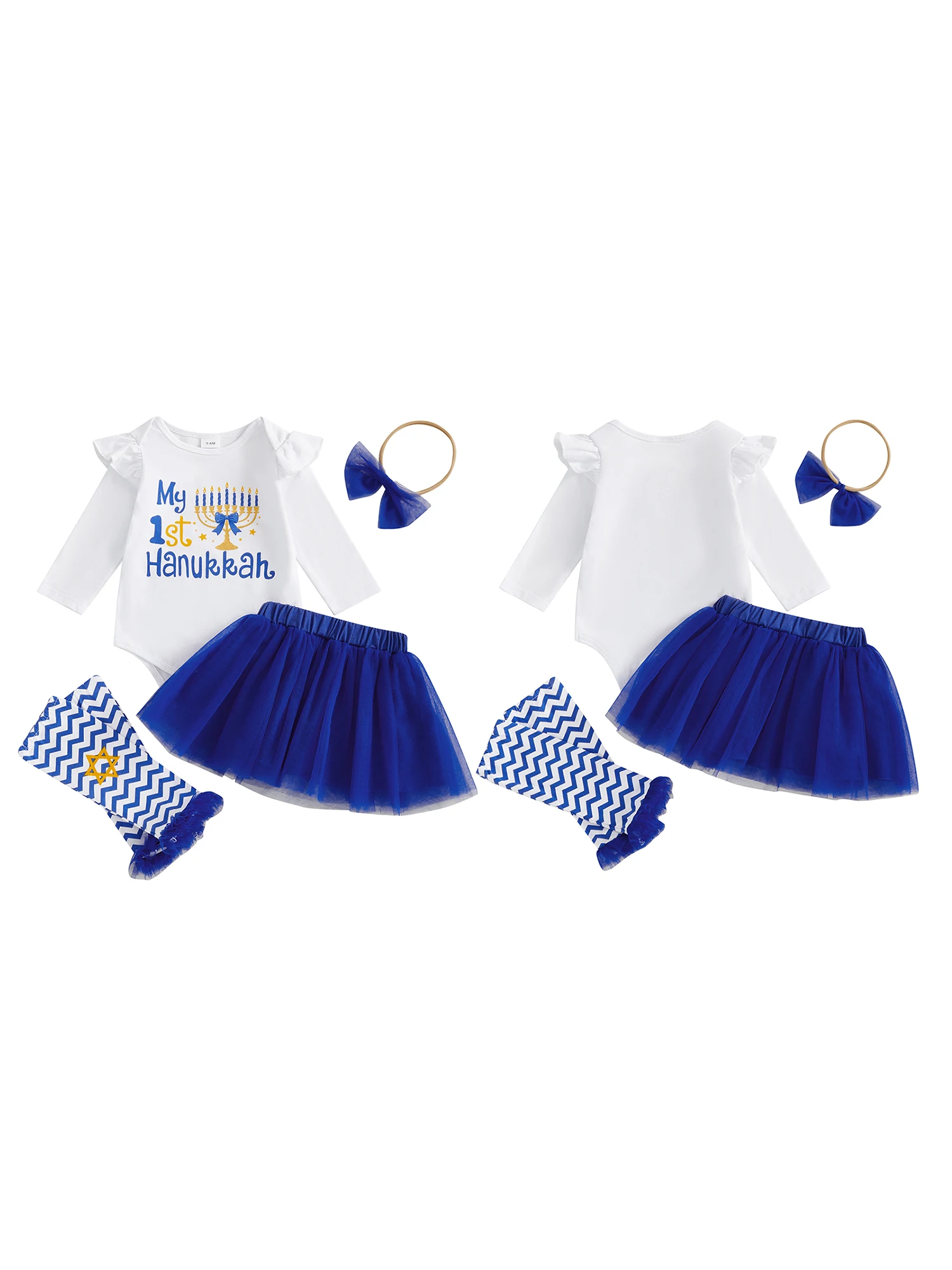 

Baby Boy 1st Hanukkah Outfits Letter Print Long Sleeve Round Neck Romper Suspender Pants Bow Tie Hat Socks Set