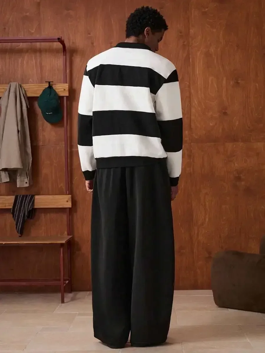 

Mens Black And White Striped Pullover Sweatshirt Set Casual