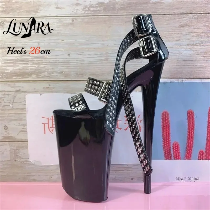 26cm/10Inch Black Patent Extreme High Heel Sandals Studded Straps Open Toe Buckle Non-slip Sexy Stage Ladies Pole Dance