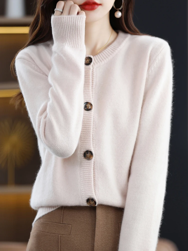 

High Quality Women 100% Merino Wool Sweater O-Neck Solid Knitted Cardigan Casual Basics Cashmere Tops Autumn Winter Clothing