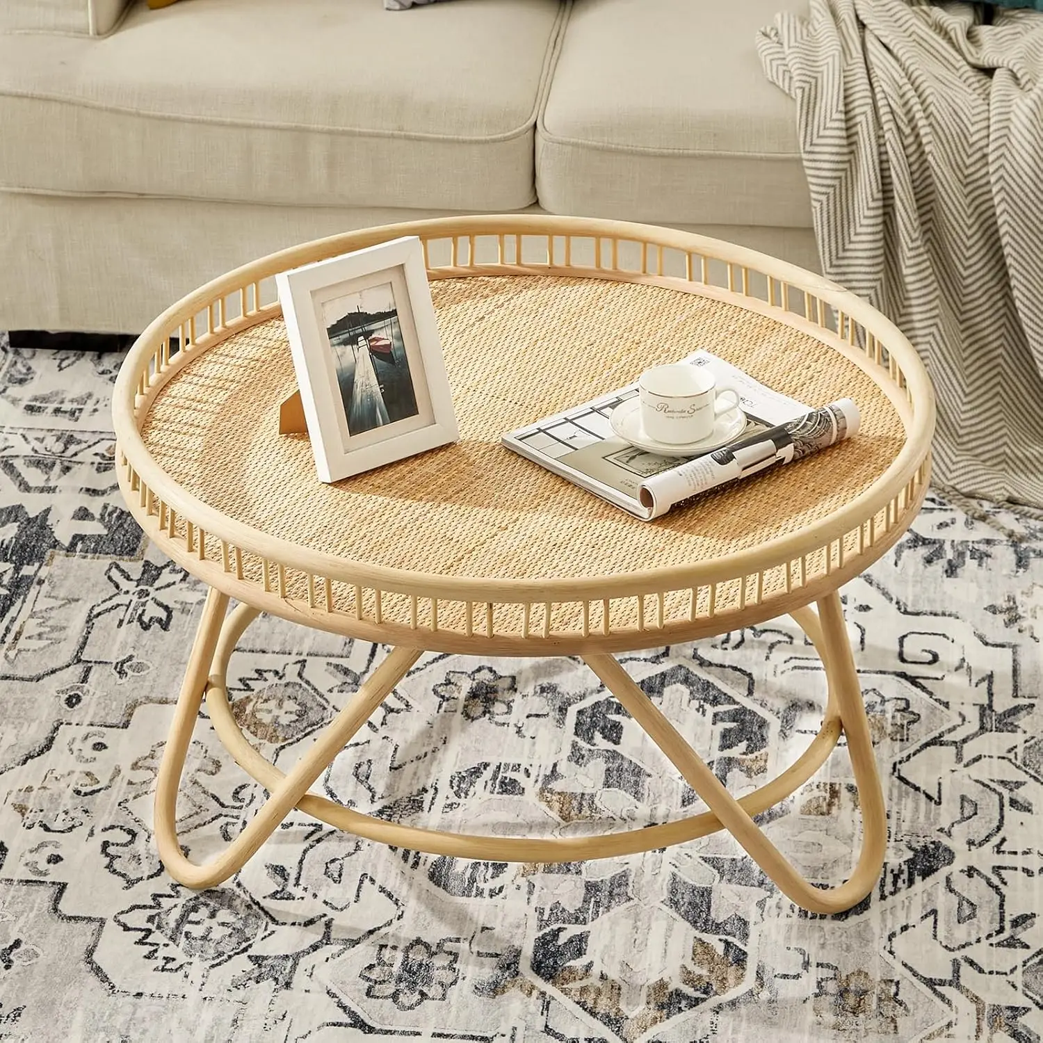 

Round Rattan Coffee Table, 32'' Wicker Boho Hand-Woven Top, Modern Unique Farmhouse Tray Top Center Table for, Customized