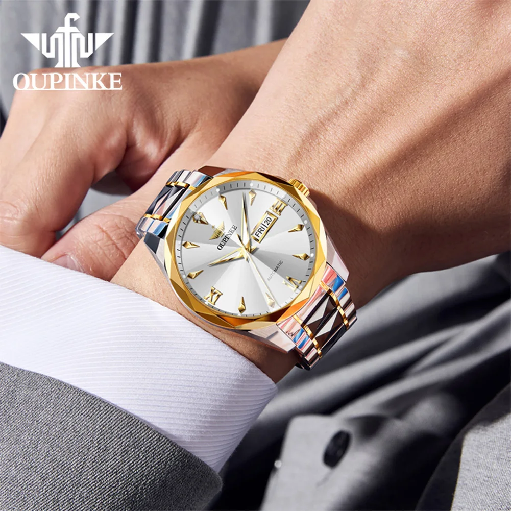 OUPINKE 3315 Mens Watch Tungsten Steel Automatic Mechanical Watch﻿ Waterproof Luminous Week Date Watches For Man Luxury Gift