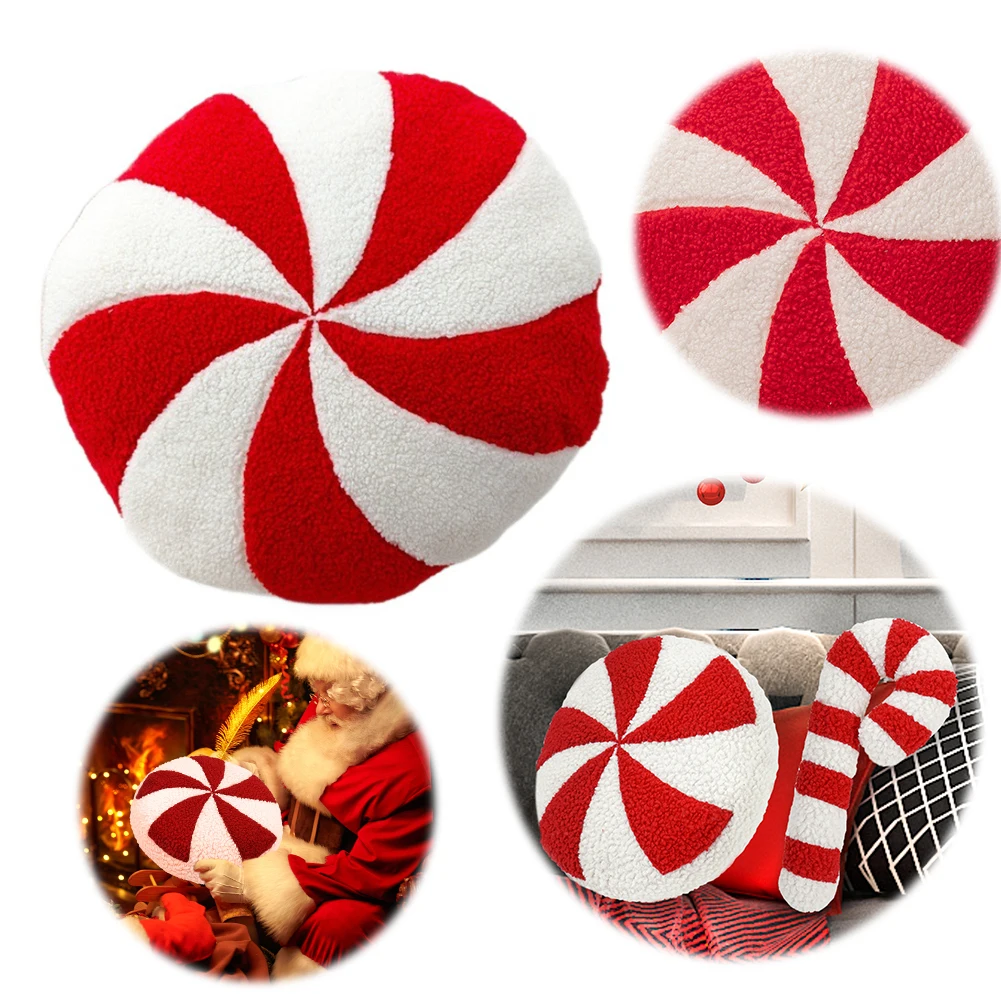 35cm Round Cushion Spiral Lollipop Christmas Peppermint Pillow for Bedroom Bed Sofa Decorative for Xmas Holiday Decoration