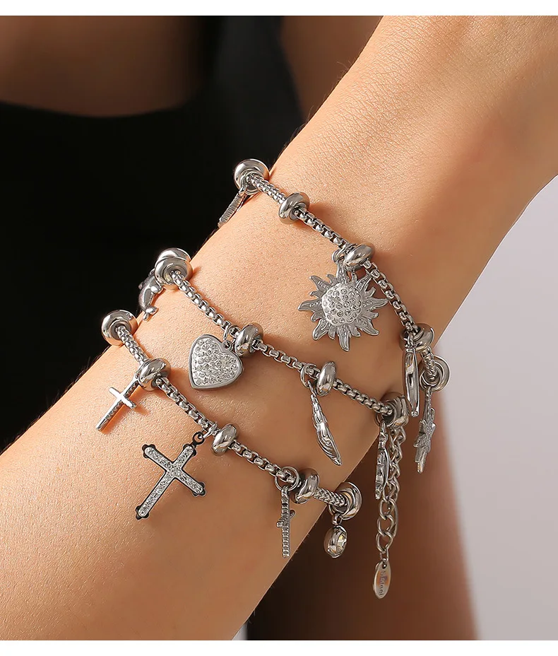316l Edelstahl Kreuz Mond Sterne Anhänger Armreif Frauen Vintage Strass Herz Armband Luxus vergoldeten Schmuck Geschenk – Detail 6