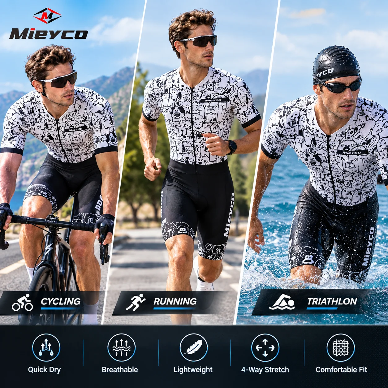 Men Women Short Sleeve Cycling Skinsuit Triathlon Suit Quick Dry Breathable Road Bike Racing Trisuit for Cycling Running