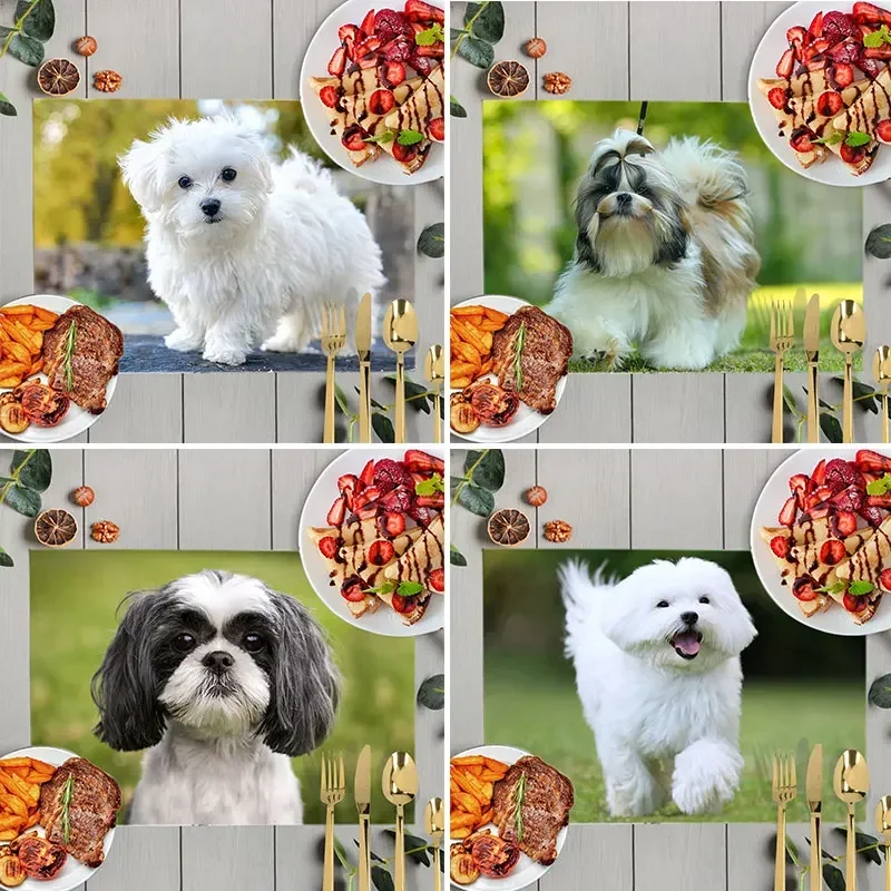 Cute Shih Tzu / Maltese Dog Print Table Mats Linen Coffee Coaster Placemat Non-slip Waterproof Computer Desk Pads Mouse Pad Gift