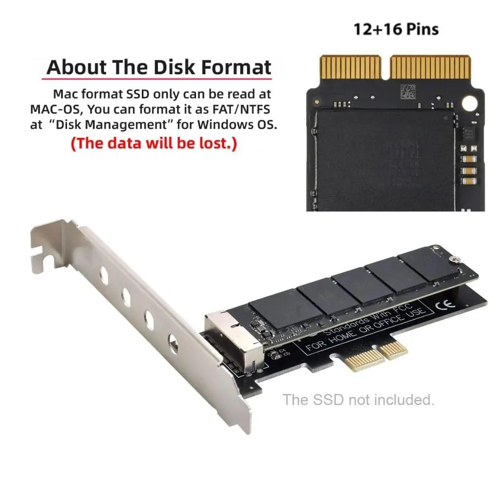 PCI-E 1X SSD Convert Card 12+16Pin Single Slot PCI Express Adapter Low Profile for 2013-2017 MacBook Air A1466 A1465