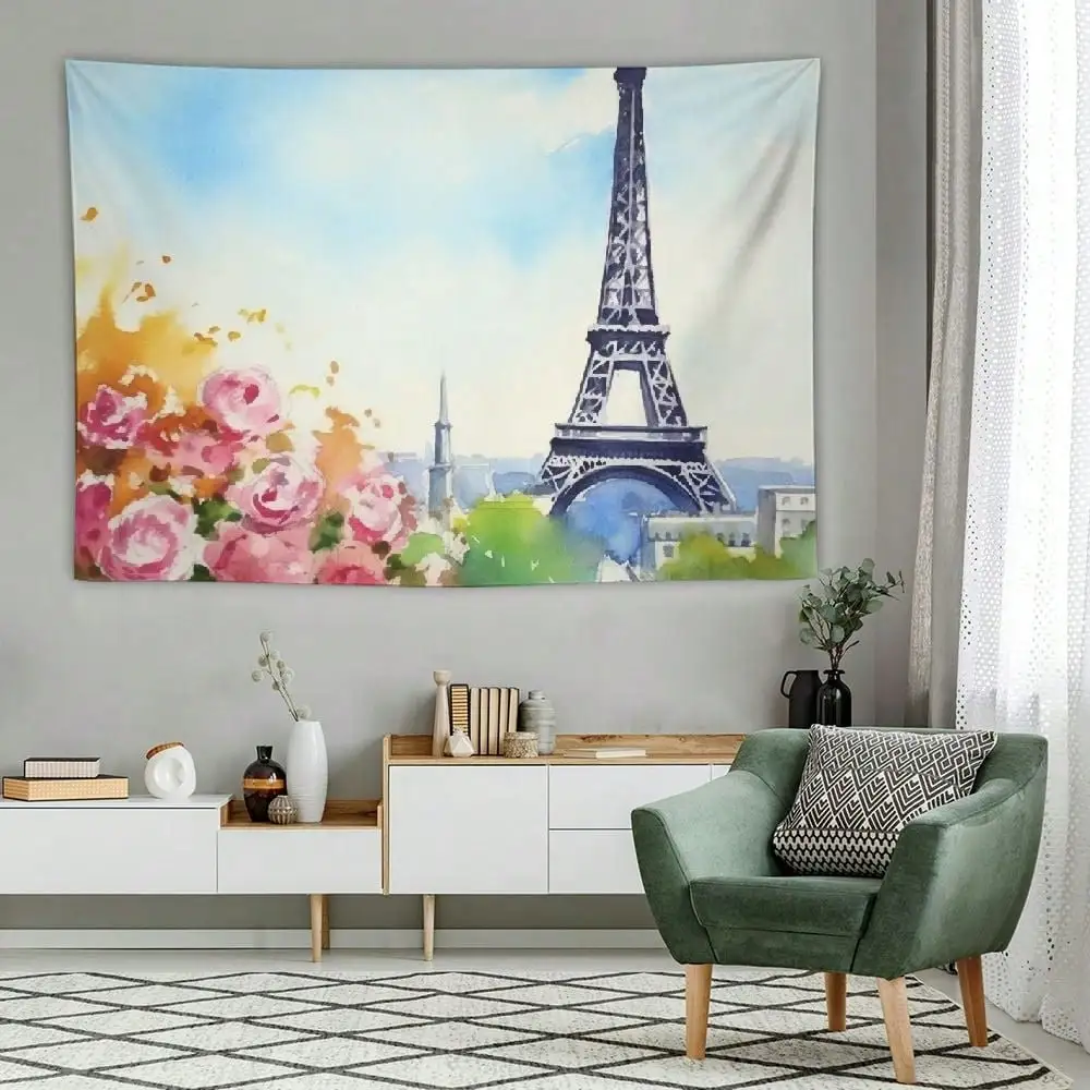 Eiffel Tower Tapestry - Parisian Rose Garden Wall Hanging, Romantic French Style Room Decor, Watercolor Art Print Multiple Sizes