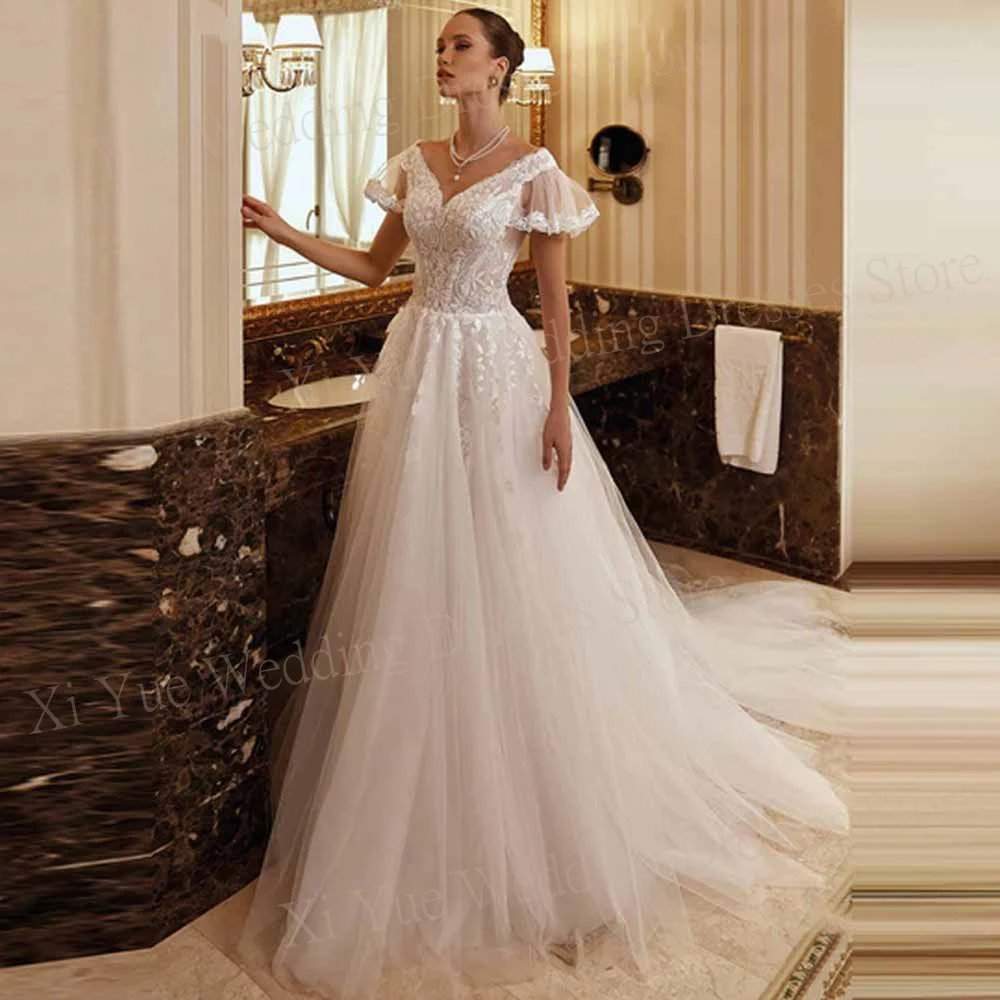 Exquisite Sexy A-Line V Neck Wedding Dresses With Fashionable Short Flare Sleeve Button Bride Gowns Vintage Vestidos De Novia