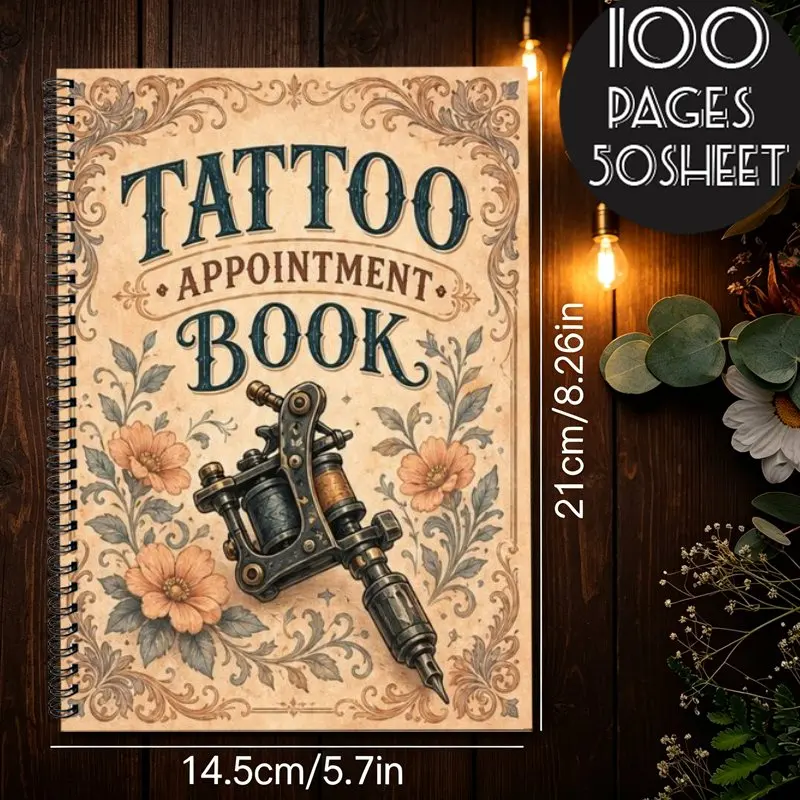 A5 Tattoo Reservation Book, Tattoo Shop Customer Tracking and Schedule Planning Book, Vintage Floral Tattoo Machine Pattern