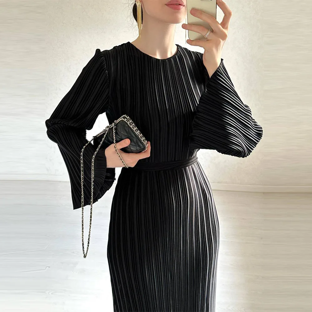 2024 Elegant Pleated Slim Long Dress High Waist Female Bodycon Patchwork Y2K Dress Fashion Loose Long Sleeve Women Dress