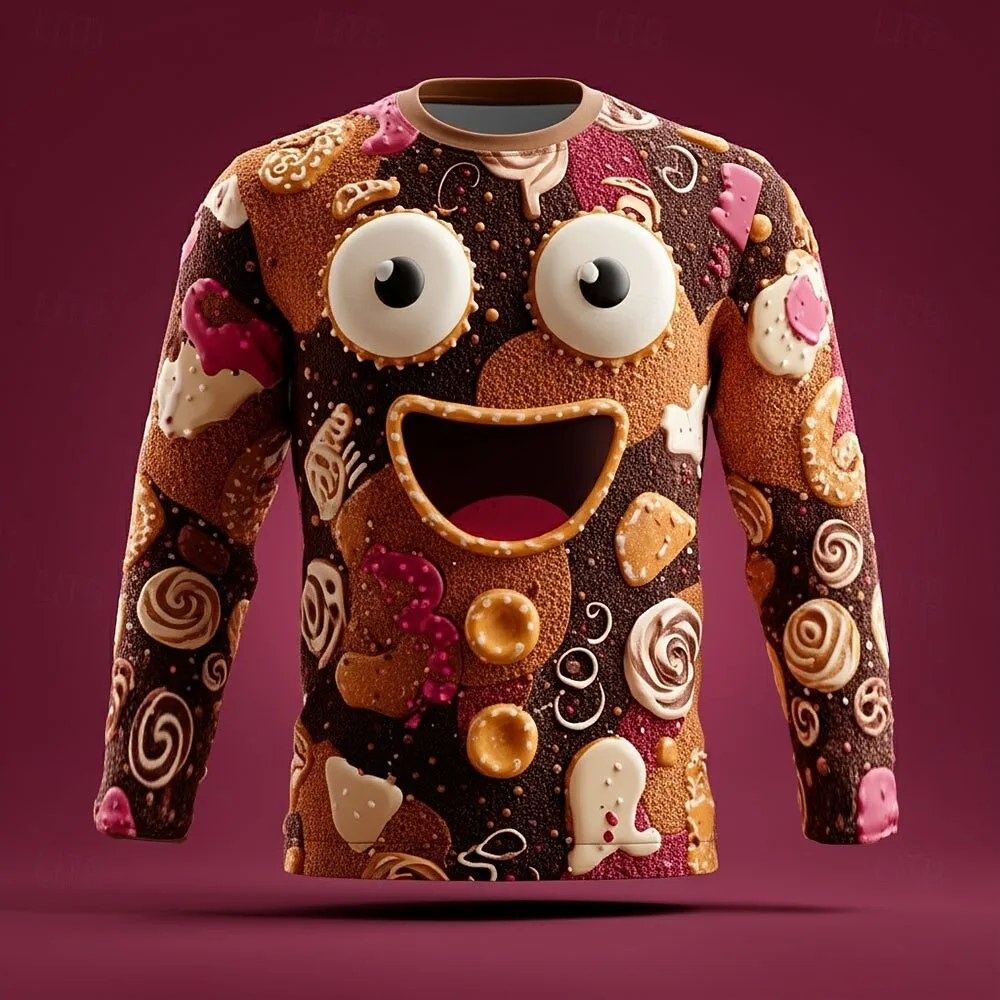 

Christmas Men's 3D Gingerbread T Shirt Long Sleeve T shirt 3D Print Crew Neck Shirt Fashion Street Casual Daily Men's Clothing