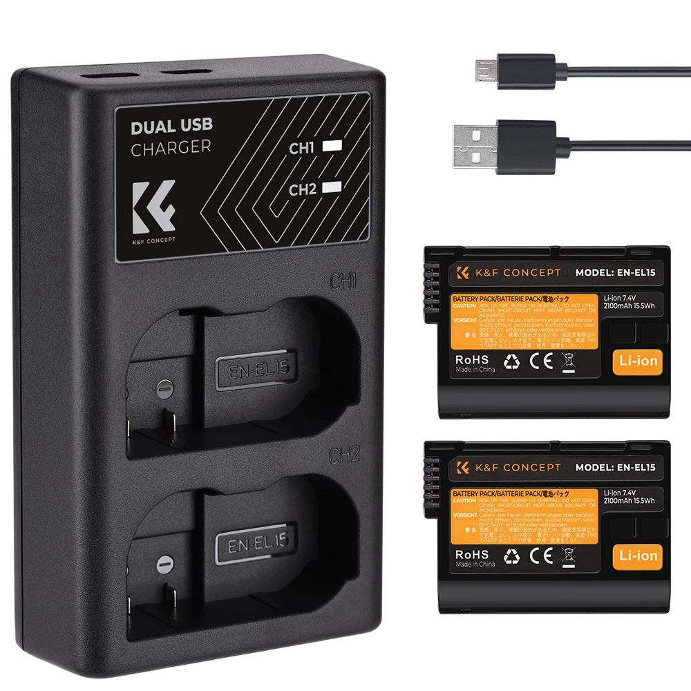 K&F Concept EN-EL15 2100mAh Rechargeable Battery for Nikon Camera with Dual Slot Type-C Micro USB Quick Charger for D7000 D800