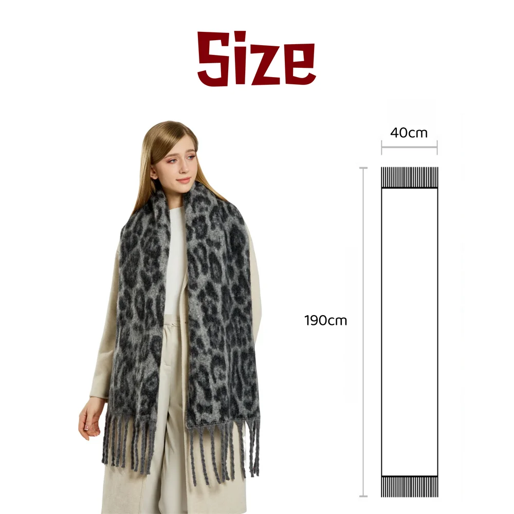 Vintage Leopard Print Fringe Scarf Warm and Soft Thickened Scarves Women's Winter Thermal Shawl Elegant Grey Fashion Neck Warmer