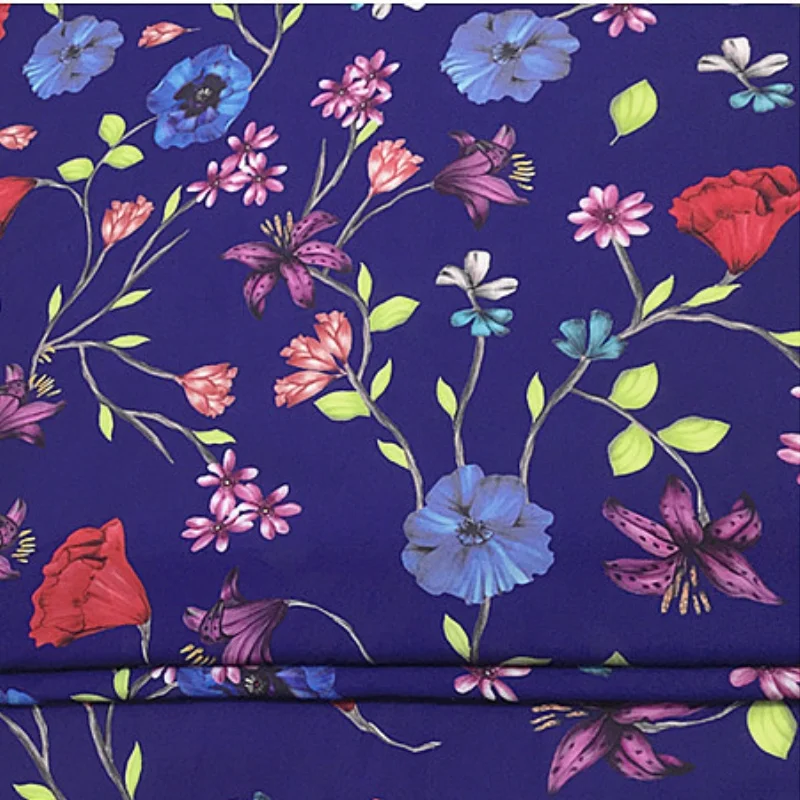 

1 meter 100% Mulberry Silk 15 momme Georgette Silk Fabric Blue with Big Floral Printed 135cm 53" wide by the yard XL172