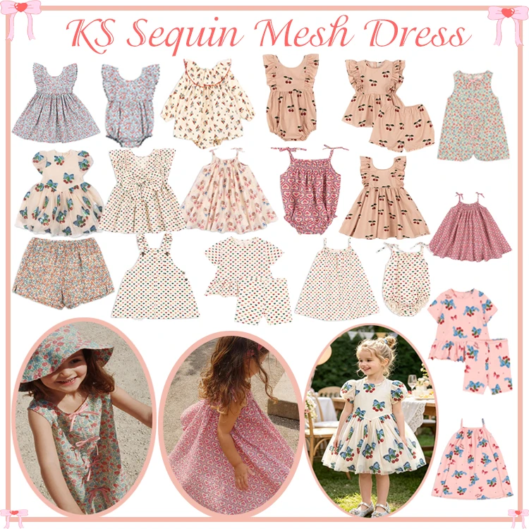 2026 Kids Clothing KS Girl Tops Short Sleeved Shorts Set Baby Bodysuit Floral Heart Full Print Children's Girly Dresses Vacation