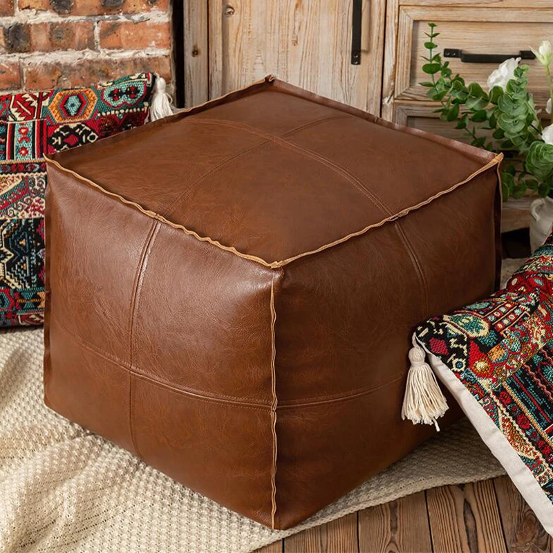 Nordic Style Moroccan Cushion PU Leather Ottoman Wax Leather Cotton Linen Modern Futon Balcony Tatami Unstuffed Cushion Cover