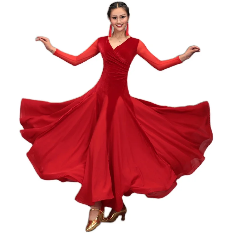 

Новое бархатное платье для бальных танцев, наряд для выступлений вальса, одежда для латинской сальсы, танго, расклешенная юбка 008