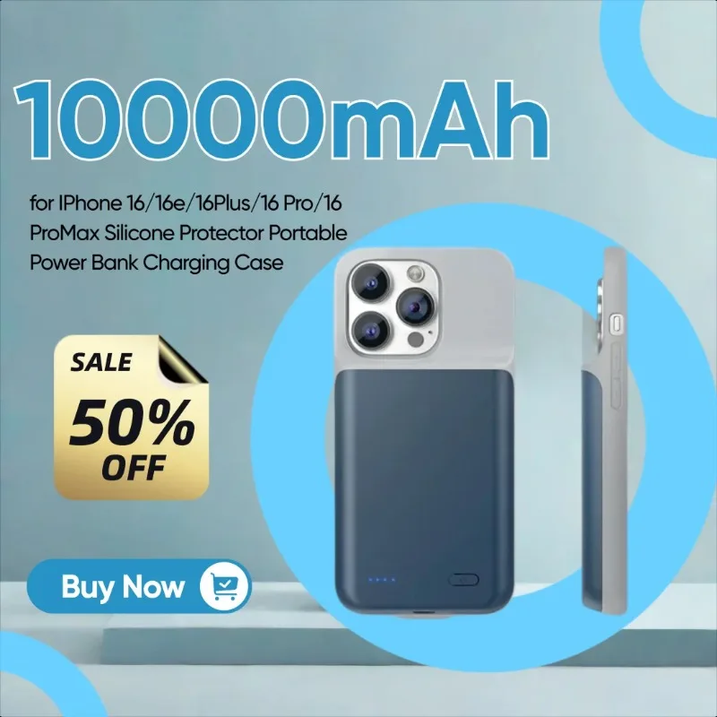 

10000mAh Battery Charger Cases for IPhone 16/16e/16Plus/16 Pro/16 ProMax Silicone Protector Portable Power Bank Charging Case