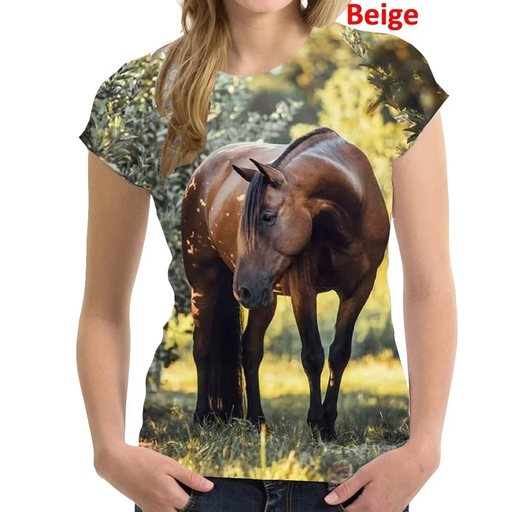 2023 Fashion Women Clothing Horse Printed Casual T-shirt Short Sleeve Tops Summer T-shirt Ladies Round Neck Blouse Tops