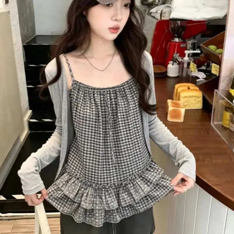 Korean Soft Gentle 2 Piece Outfit Women Fresh Sweet Long Sleeve Blouse Sleeveless Camisole Casual Daily Street Dating Wear Set