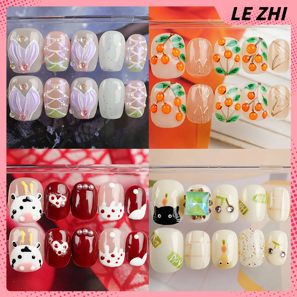 

Handmade Cute Cartoon Animals Short Square Round Press On Nails 3D Fish Tail Rhinestone Cat Eyes Design False Nails Girl Gift