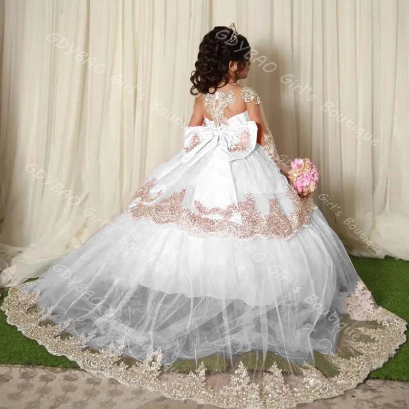 여자아이 공주 드레스, 트레인 레이스 아플리케 꽃무늬 드레스, 긴팔 티어드 튤 맞춤 웨딩 파티 볼 가운